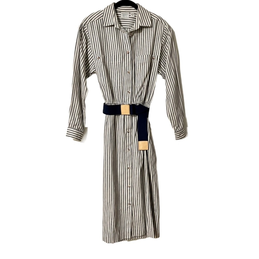 Vintage Andrew Harvey Long Sleeve Navy Striped Button Up Maxi Dress Women’s Sz 8